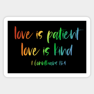 Christian Bible Verse: Love is patient, love is kind (rainbow text) Sticker